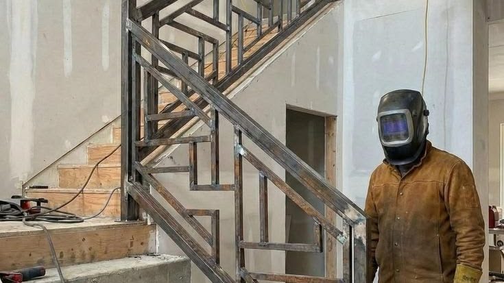 Custom angular steel staircase railing by The Classic Forge